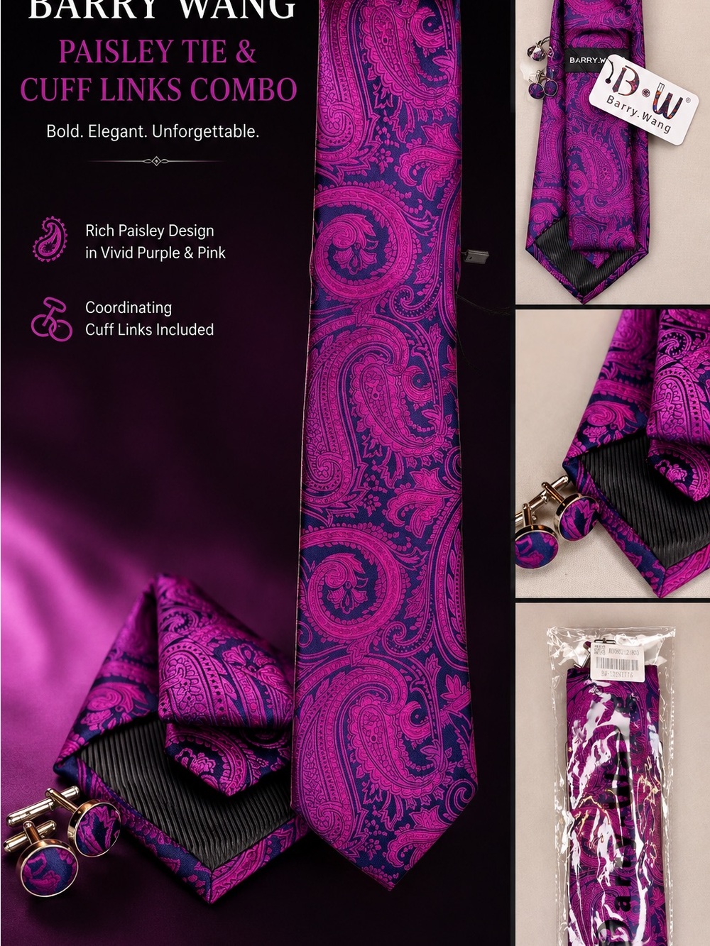 Barry Wang Purple & Pink Paisley Tie & Cuff Links Set